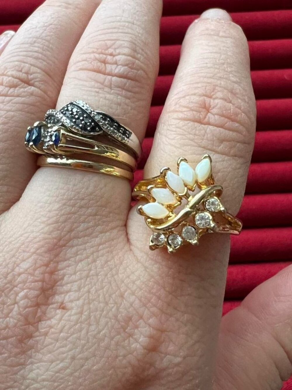 Gold Tone Faux Opal Ring with Clear Stones